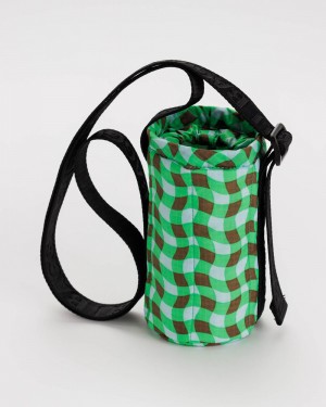 Wavy Gingham Green Baggu Puffy Water Bottle Sling | 483-OCLSXE