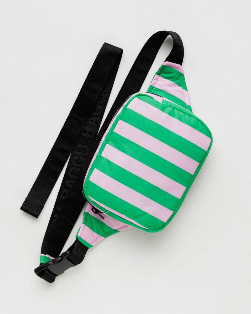 Pink Green Awning Stripe Baggu Puffy Fanny Pack | 960-XNGSZF