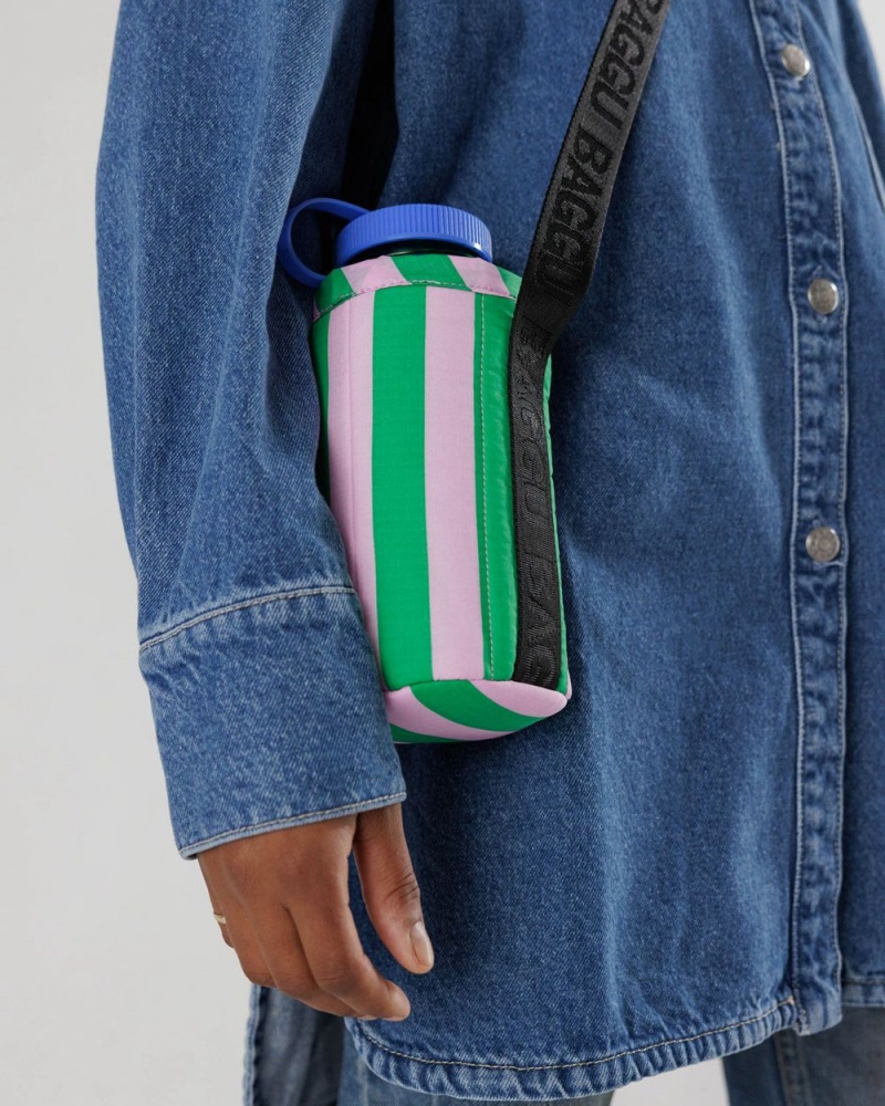 Pink Green Awning Stripe Baggu Puffy Water Bottle Sling | 793-LMCAFE