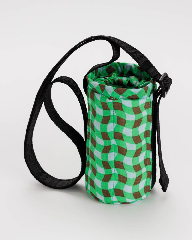 Wavy Gingham Green Baggu Puffy Water Bottle Sling | 483-OCLSXE